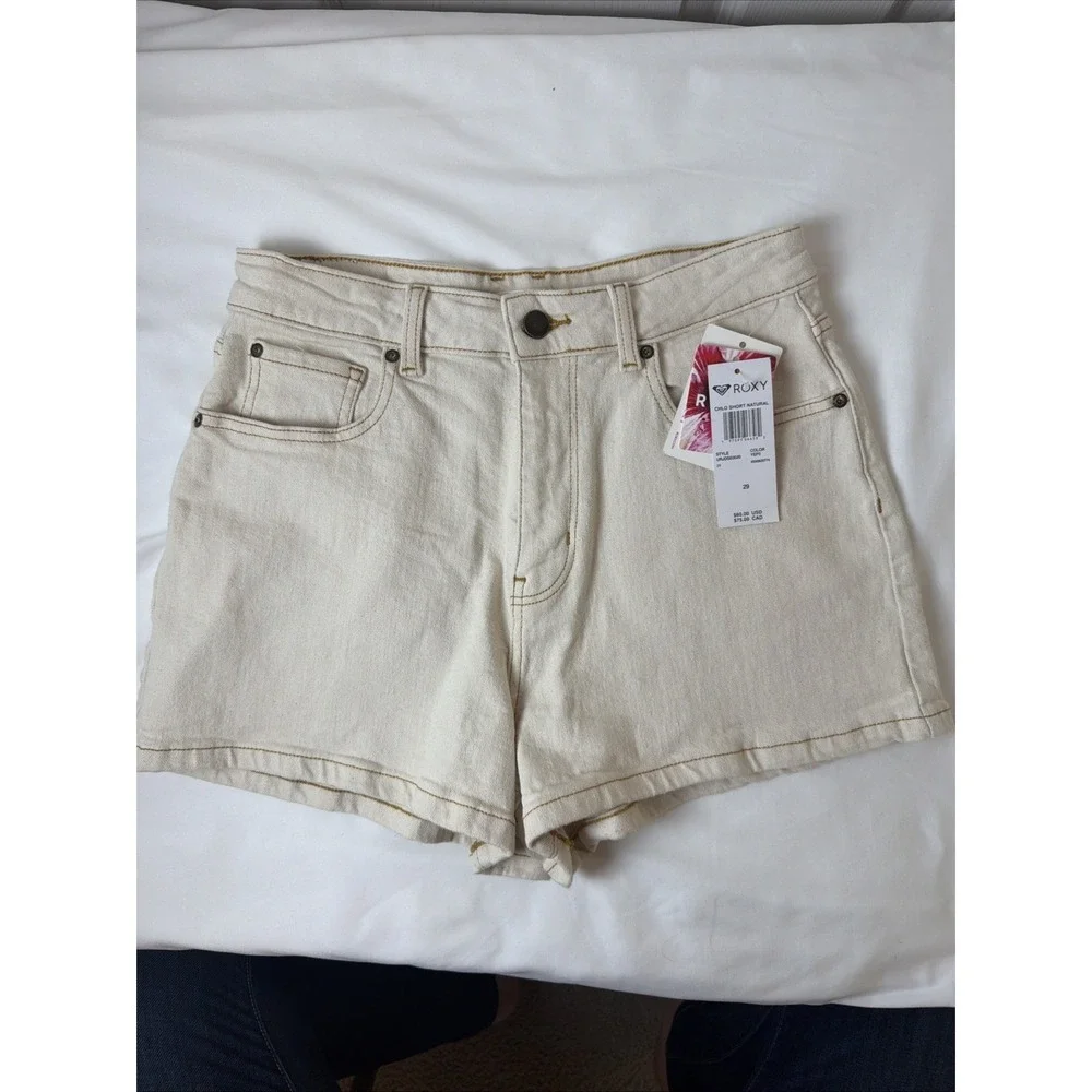 Roxy Authentic Mid Rise Denim Beach Fit Shorts Off White Beige Size‎ 29 NWT